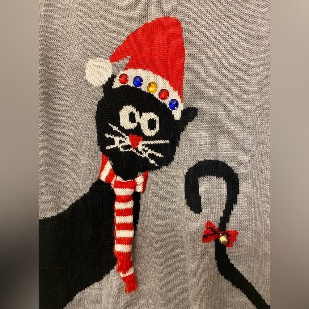 Ugly cute Christmas Holiday Sweater kitty cat black bell grey crewneck S/M - Picture 5 of 7
